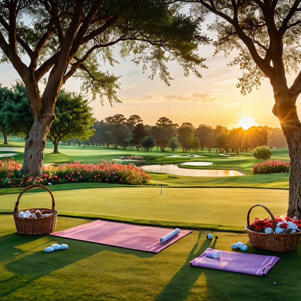 A serene golf course at sunrise, with golfers practicing mindfulness through yoga poses on the green, surrounded by lush landscapes and blooming flowers. Include elements of wellness like meditation spots and healthy snacks in a rustic basket nearby, conveying a harmonious blend of golf and holistic health. super-realistic. vibrant colors. peaceful atmosphere.