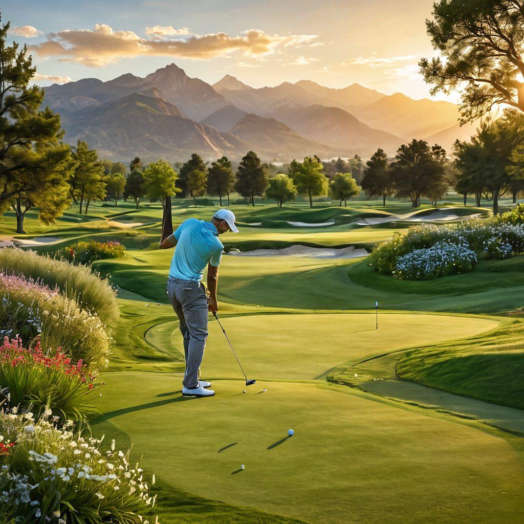 A serene golf course landscape at sunrise, featuring a golfer in mid-swing, surrounded by lush green grass and blooming wildflowers. The scene captures the essence of health and tranquility, with mountains in the background and soft rays of sunlight casting a warm glow. Include subtle hints of wellness symbols like yoga mats or water bottles near the fairway. super-realistic. vibrant colors. peaceful atmosphere.