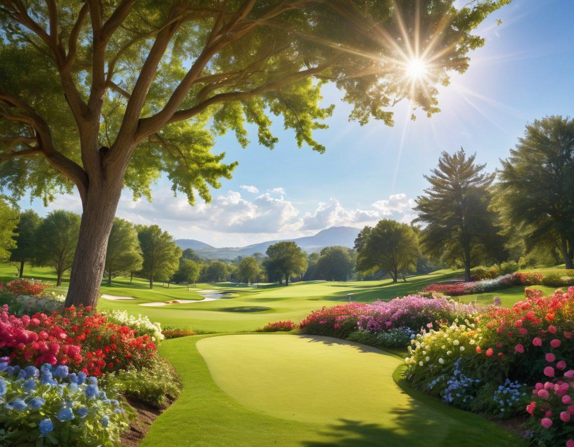 A serene golf course under a bright blue sky, with a person joyfully swinging a golf club, surrounded by lush greenery and colorful flowers. In the background, soft rays of sunlight filtering through the trees, symbolizing hope and vitality in wellness. Features a subtle ribbon icon for cancer awareness subtly placed in the corner. super-realistic. vibrant colors.